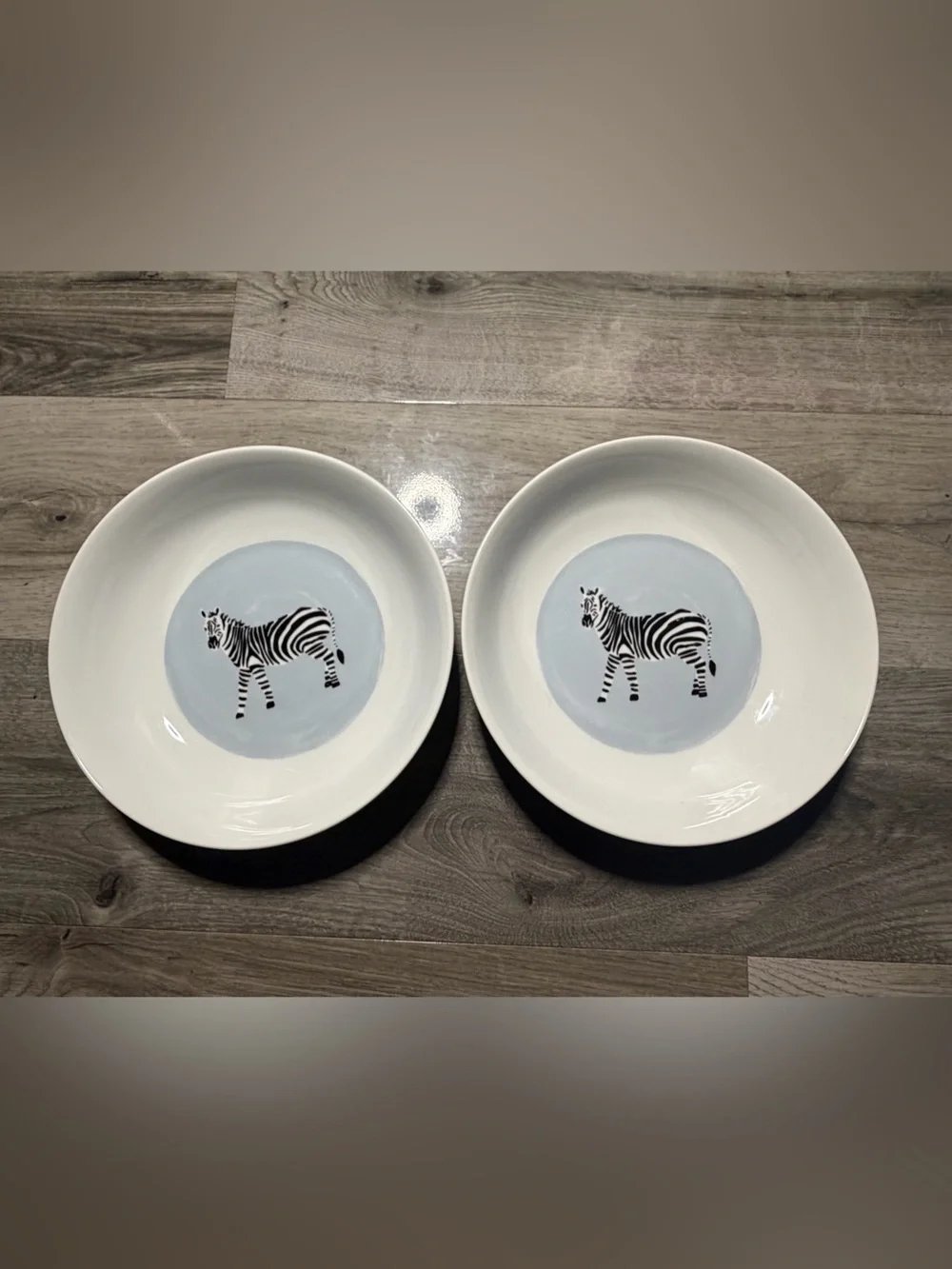 Martha Stewart White Dinner Plates with Light Blue Center and Zebra Motif